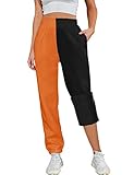heekpek Warme Jogginghose Damen Thermo Fleece Baggy Lässige Winter Sweatpants Damen Mode Getäfelte Kontrast Bequeme Sporthose Damen Lang Freizeithose, Schwarz orange, S