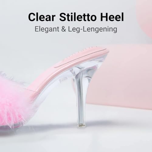 Heiyom Women's Fuzzy Slippers Clear Heels Pointed Toe Stilettos Heels Mules Sandals Fluffy Feather Slip On High Heeled Party Prom Dresses Shoes Pink 40 US8 by Heiyom - Used condition - Image 5