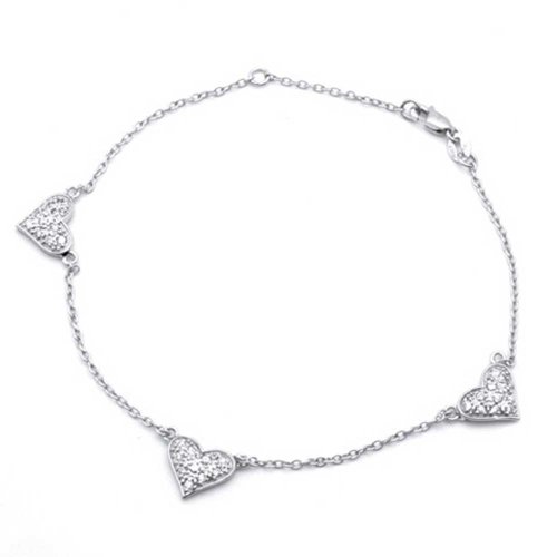Multi Cubic Zirconia Pave CZ Hearts Charm Anklet Ankle Bracelet For Women Beaded Ball Chain 925 Sterling Silver 8.5 Inch