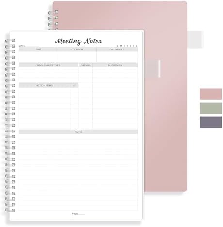 Meeting Notes Notebook for Work, Meeting Notebook with Action Items, Agenda for Women & Men Office, Business, Projects Note Taking, 7 * 10″, Pink