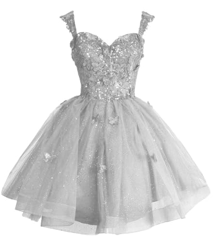 Fanciest Off Shoulder Silver Homecoming Dress for Teens 2026 Sparkly A-Line 3D Butterfly Lace Short Prom Dresses US6