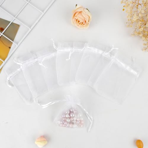 Image of White Organza Bags - 100 Pcs, Sheer 3 x 4 Inch, Jewelry & Party Favor Bags with Drawstring, Mesh Gift Pouches for Wedding & Birthday
