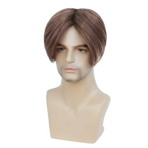 Image of Swiking Short Brown Wig for Men Natural Straight Middle Part Wigs Synthetic Hair Daily Cosplay Costume Fluffy Wig(Brown)