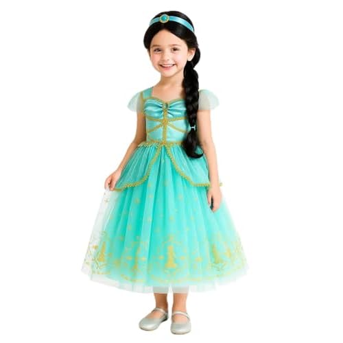 Princess Costume Dress Up for Girls Toddler Blue Fancy Jasmine Halloween Christmas Outfits with Wig Jasmine 6-7T
