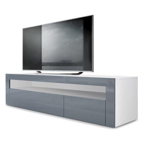 Vladon Buffet Bas Valencia, Meuble TV avec 1 Compartiment Ouvert et 2 clapets, Blanc Mat/Gris Haute Brillance/Gris Haute Brillance (155 x 46 x 40 cm)
