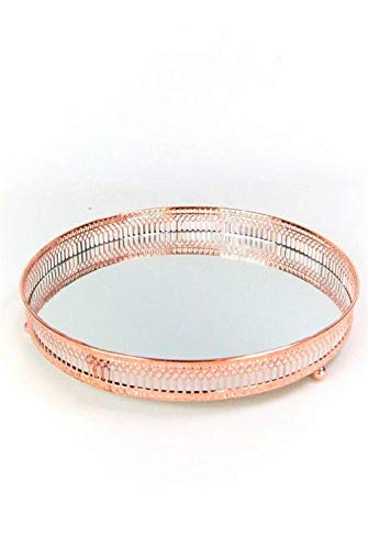 Ornament Tray 28cm Rose Gold Copper Round Mirrored Tray Plate with Ornate Metal Trim