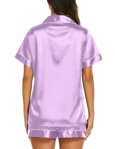 Image of Ekouaer Silk Pajamas for Women Short Sleeve Sleepwear Soft Button Down Loungewear 2 Piece Satin Pjs Shorts Set