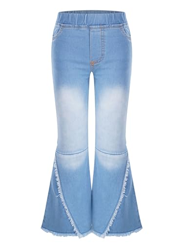 Kids Girls Ripped Flared Jeans Elastic Waist Rulle Raw Hem Casual Ripped Bell Bottom Denim Pants Wide Leg Jeans