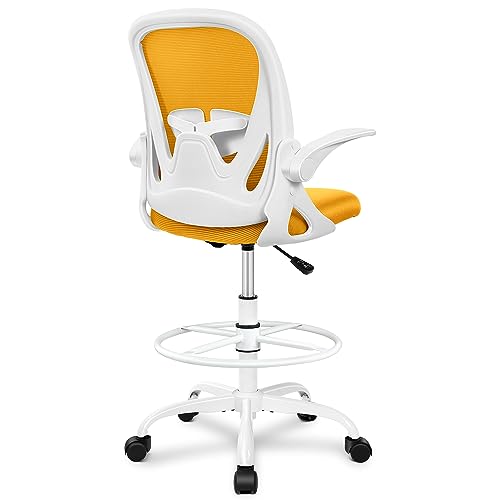 Primy Drafting Chair Tall Office Chair with Flip-up Armrests Executive Ergonomic Computer Standing Desk Chair with Lumbar Support and Adjustable Footr