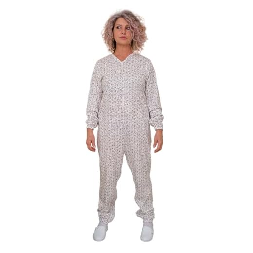 FERRUCCI COMFORT Pyjama tuton sanitaire en coton frais pour personnes âgées, manches longues, fermeture dos et intérieur jambe, incontinence, Alzheimer, fabriqué en Italie, Blanc féminin, M