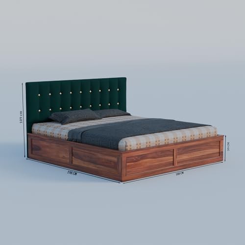Image of Sheesham Wood King Size Bed with Storage Box | Upholstered Beds | Platform Cot with Cushioned Headboard | Double Bed for Home | Recommended Mattress 78x72 Inch | Bottle Green & Honey Finish