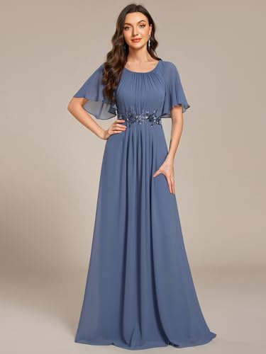 Image of Ever-Pretty Women's Classic Round Neck Pleated Short Sleeves Chiffon Appliques Floor Length A Line Formal Evening Dresses