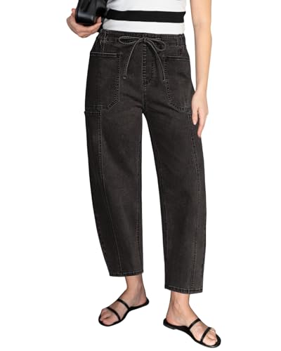 Womens Baggy Barrel Horseshoe Jeans Boyfriend Wide Leg Patchwork Low Rise Drawstring Y2K Denim Pants with Pockets