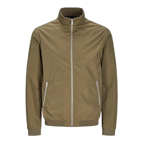 Image of JACK & JONES Mens Bomber Jacket Lightweight High Neck Full Zip Coat Long Sleeve Jackets for Men, Green Colour, Size- XL