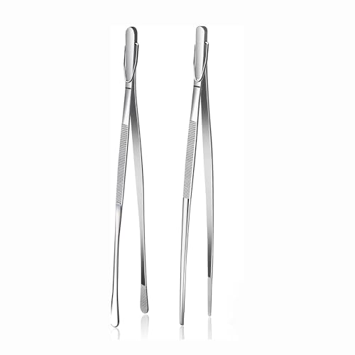 Fox Run Stainless Steel Kitchen Tweezers, Set of 2 Cooking Tweezers with Engraved Grip Pads, 12"