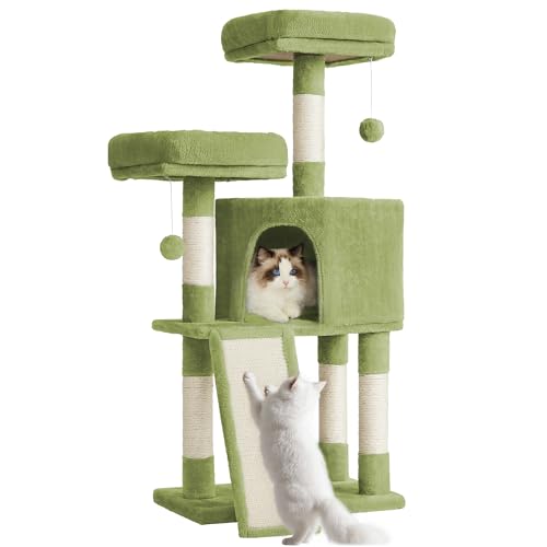 Feandrea Cat Tree 45.3-Inch Cat Tower Plush Condo with Scratching Post Ramp Perch Spacious Cave for Small Space Grass Green UPCT141C01