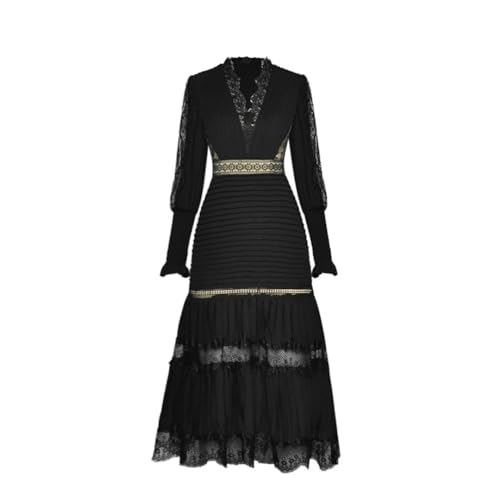 Generic Women Design V Neck Lace Patchwork Party Dinner Dresses Midi Long Princess Elegant Dress