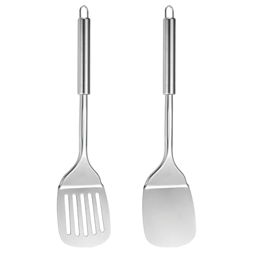 Stainless Steel Spatulas Set, Silver Slotted Turner, Solid Turner, Metal Spatula Kitchen Spatulas for Cooking, Ideal Cooking Utensils Cookware for Fish Eggs Pancakes Dishwasher Safe Easy to Clean