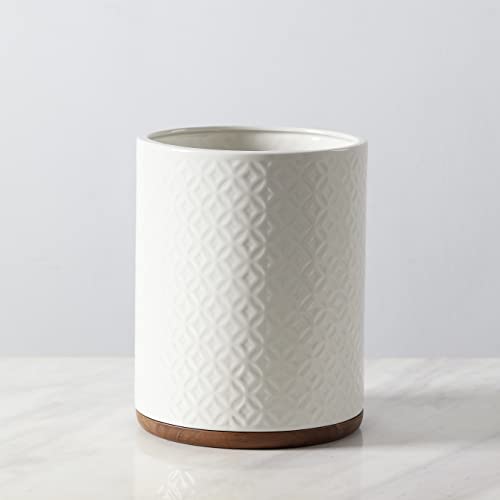 Image of Bathroom Wastebasket - Ceramic Decorative Trash Can with Wooden Base (White and Beige)