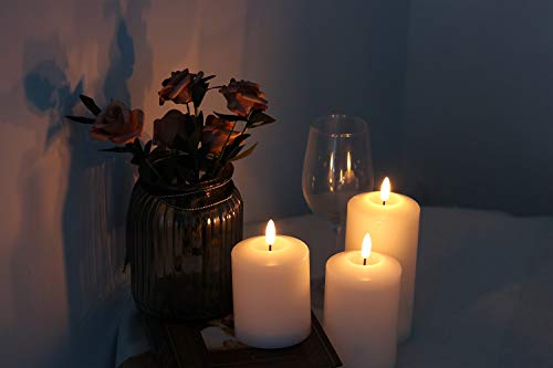 Image of GenSwin 3D Wick Flameless Flickering Candles Battery Operated with Remote Timer, Real Wax Pillar LED Votive Candles Warm Light, Set of 3 Party /Wedding /Home Decor(White, D3 inch x H4.6 inch 5.8 inch 6.8 inch)