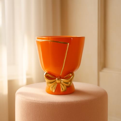Image of Xtore Ceramic Bow Planter Figurine | Gloss Finish | Decorative Flower Pot for Home & Balcony - (Pack of 1, Orange, Planter ONLY)
