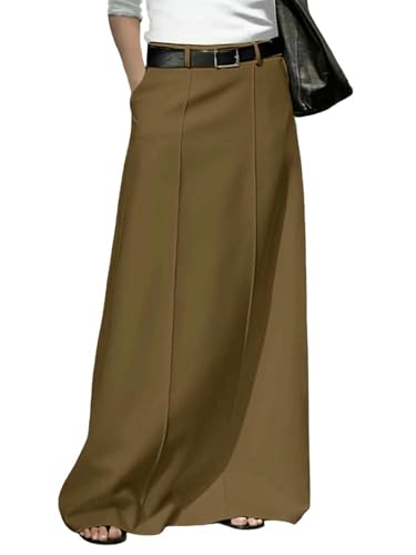 Casual Stretchy Half-Body Plus Size 5XL Women Elegant Skirts Solid Color Fashion Pleated Casual Loose Pockets High Waist Skirt-Brown-0Xl