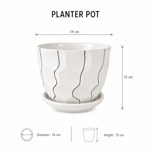Image of Xtore Graceful Textured Ceramic Planter with Abstract Line Detailing & Drainage Tray | Modern Indoor Plant Pot for Desk, Table & Shelf Styling (Planter only)