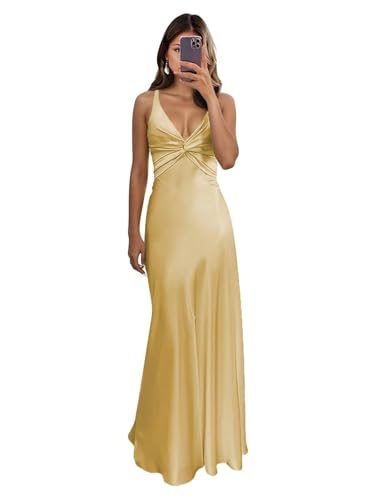 V Neck Satin Bridesmaid Dresses for Women Backless Mermaid Prom Dress with Slit Pleated Long Formal Evening Gowns