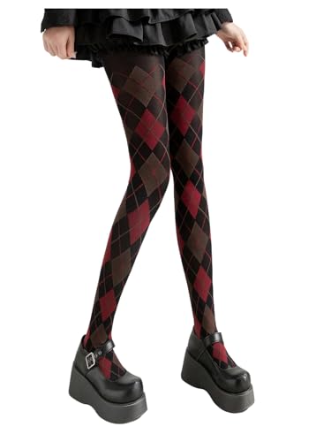 Verdusa Women's Argyle Plaid Mesh Sheer Tights High Waisted Preppy Stockings Pantyhose