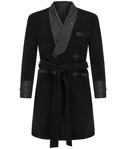 Apornipal Mens Long Velvet Smoking Robe Double Breasted Jacket Blazer with Belt for Dinner Wedding Party (Black 42R)
