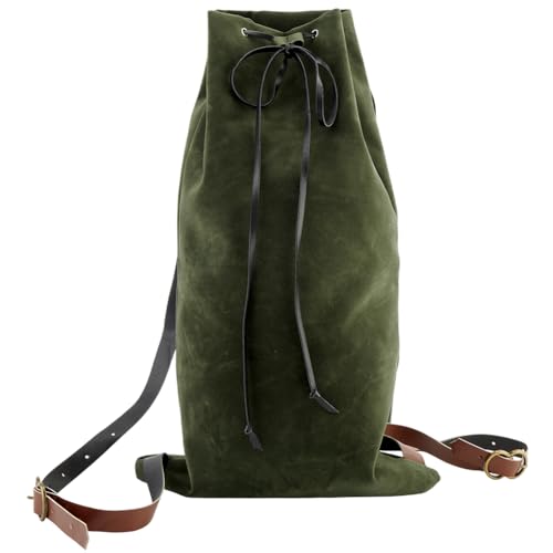 Image of GORGECRAFT Medieval Drawstring Backpack Vintage Fibre Bag with PU Leather Straps Alloy Clasps Portable Pouch for SCA LARP Reenactment Ren Fair Cosplay Outdoor Gym Swim Beach Dark Olive Green 18x10.8in