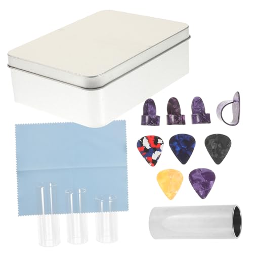 ibasenice 滑音棒と?片 メタル ガラス製スライド トライアングル形状の?片 ランダムな色の指カバー付き 楽器演奏に なアクセサリーキット アイアンボックス収納