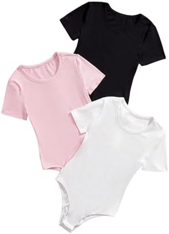 SweatyRocks Girl's 3 Pack Bodysuits Short Sleeve Crew Neck Ribbed Dance Leotards Sets Multicolor 10Y