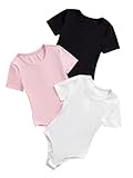SweatyRocks Girl's 3 Pack Bodysuits Short Sleeve Crew Neck Ribbed Dance Leotards Sets Multicolor 10Y