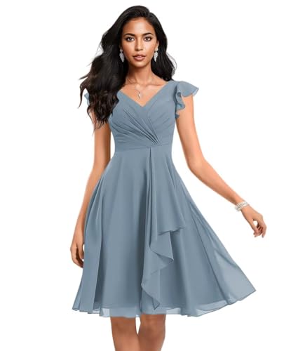 Women's V Neck Short Bridesmaid Dresses Chiffon 2025 A-line Ruffles Formal Evening Gowns AU127