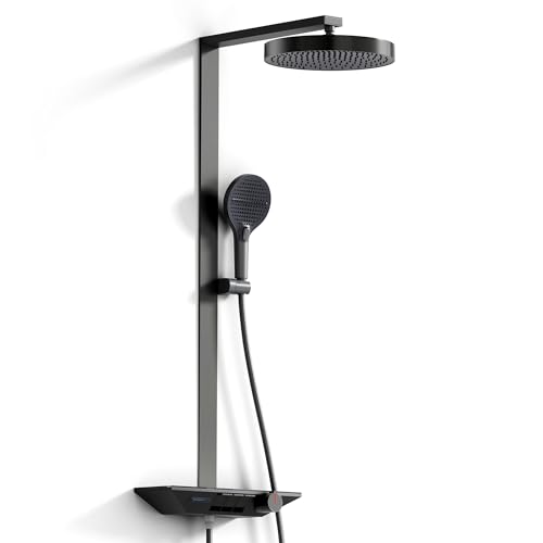 Alphabath Duschsystem mit Thermostat, Duscharmatur Komplettset mit 30 cm Regendusche Duschkopf, Handbrause mit 3 Strahlarten, Höhenverstellbar Duschset mit Glasablage, Grau