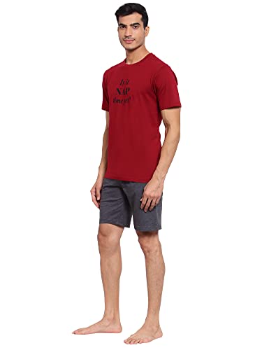 Image of Style Quotient Men Maroon & Grey Printed Pure Cotton 2 Pc Night Suit