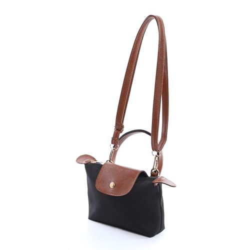 شنطة يد صغيرة توت من لوو، نايلون اسود مع غطاء جلد بني، قطع معدنية ذهبية