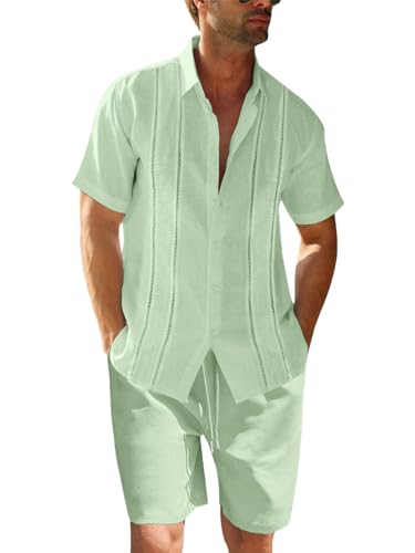 Runcati Herren 2 Stück Leinen Set Regular Fit Knopfleiste Strand Hemd und Shorts Kurzarm Sommer Outfits Minzgrün L