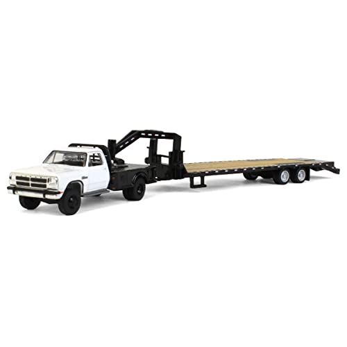 TRUCK 1/64 1992 Dodge Ram 1st Generation White with Black Flatbed & Black Gooseneck Trailer 51387-A