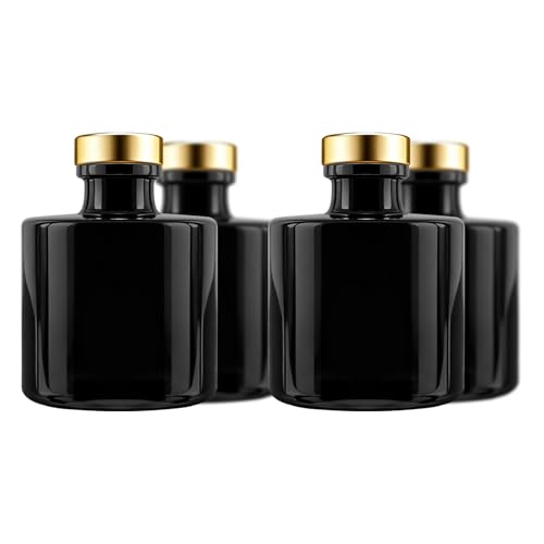 Frandy House Black Glass Diffuser Bottles Round Diffuser Jars with Golden Cork Caps Set of 4 – 2.95 inches High, 100ml 3.4ounce. Fragrance Accessories Use for Diy Replacement Reed Diffuser Sets.