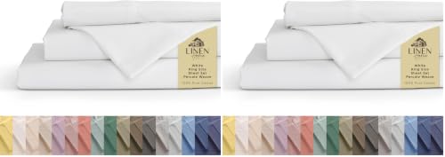 Image of Linen Home 100% Cotton Percale Sheets King Size, White, Deep Pocket, 4 Pieces Set - 1 Flat, 1 Deep Pocket Fitted Sheet and 2 Pillowcases, Crisp Cool and Strong Bed Linen (Pack of 2)