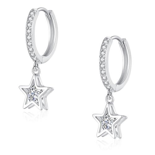 Glintara Ohrringe Silber 925 Hängend für Damen, Creolen Mit Stern Anhänger, Sterling Silber Ohrhänger, Hängeohrringe Mit Cubic Zirkonia, Hypoallergener Ohrschmuck Mit Geschenkbox