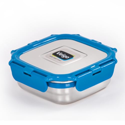 Image of Veigo Original Set Pack of 3 Stainless Steel Airtight & Leakproof Medium Lunch Box with Silicon Ring & Polymer Frame for Re-Heating|Safe Lid Lock|Square (330ML) Dark Blue