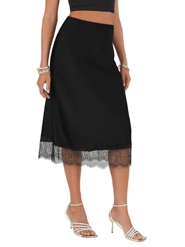Vrtige Women's Satin Midi Skirt Elegant Silky Lace Trim High Waist Zipper Midi Skirt4