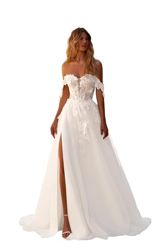 Off Shoulder Wedding Dresses for Bride Applique Bridal Gown Tulle Bridal Dress with Slit