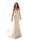 Stylefun Women's Mermaid Wedding Dresses for Bride 2023 Off Shoulder Long Lace Summer Bridal Gowns Ivory 4