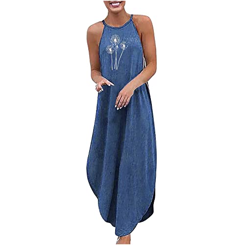 LADIGASU Jean Dresses for Women Casual Loose Print Maxi Dresses for Women Sleeveless Summer Dresses for Women Beach Party, I-blue, XX-Large