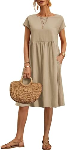 Khaki M Dresses for Women 2024 Summer Cotton Linen Solid Short Sleeve Gauze Dress Crewneck Loose Casual Beach Vacation Flowy Short Dress with Pockets