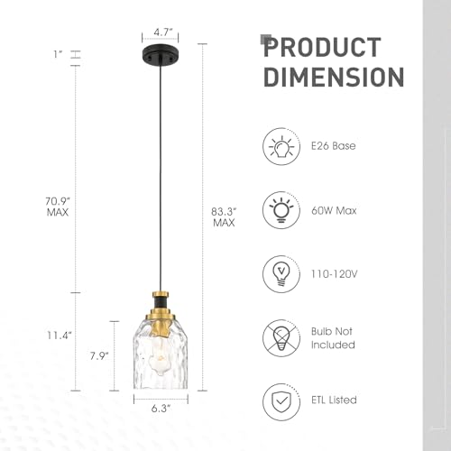 Image of zeyu 2 Pack Modern Kitchen Pendant Lighting Over Island, Hanging Light Fixture for Dining Room, Water Ripple Glass Shade, Black and Gold Finish, ZG33M1L-2L BK+BG-WG